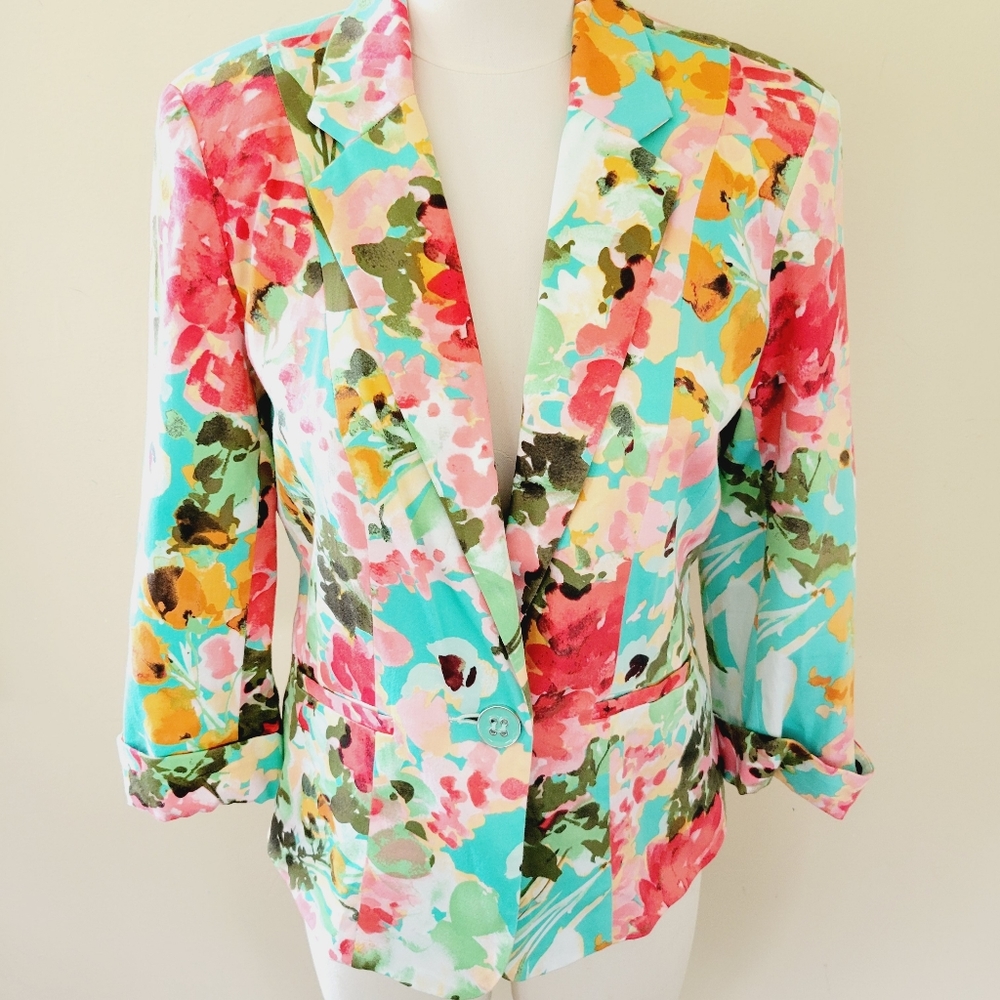 Roz & Ali teal watercolor floral blazer small